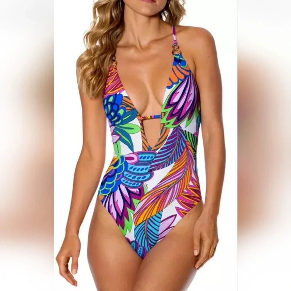 Trina Turk Paradise Plume Chain Buckle Plunge One Piece Swimsuit SZ 10